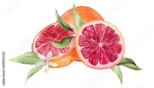 Fototapeta Composition with slice and whole Grapefruit and white flower . Hand drawn watercolor illustration of orange tropical citrus fruit and leaves on isolated background. Half grapefruit with green leaves