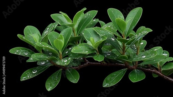 Fototapeta Lush Green Branch with Dew Drops  Isolated on Black.