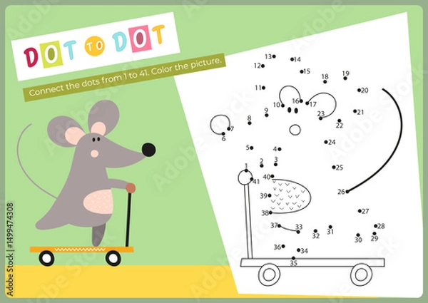 Fototapeta Animals activities for kids. Dot to dot game – little mouse. Connect the dots. Numbers games for kids. Coloring page. Vector illustration. Learning numbers. Fine motor skills. Page for activity book.