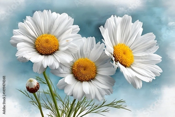 Fototapeta White Daisy Blooms Three Daisies Flower Heads Close Up Arrangement