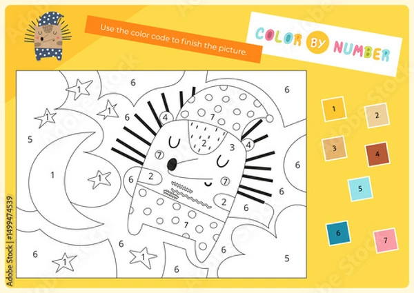 Fototapeta Color by number – cute sleeping hedgehog. Animals Activities for kids.  Coloring page for activity book. Vector illustration. Logic Game for boost of fine motor skills, thinking, attention, learning o