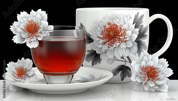 Fototapeta Elegant Still Life of Tea with Flowers on White Background