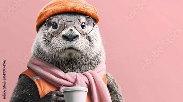 Obraz Cartoonish otter wearing glasses and a scarf is holding a cup. The image has a playful and whimsical mood, with the otter looking down at the cup as if it were a serious matter