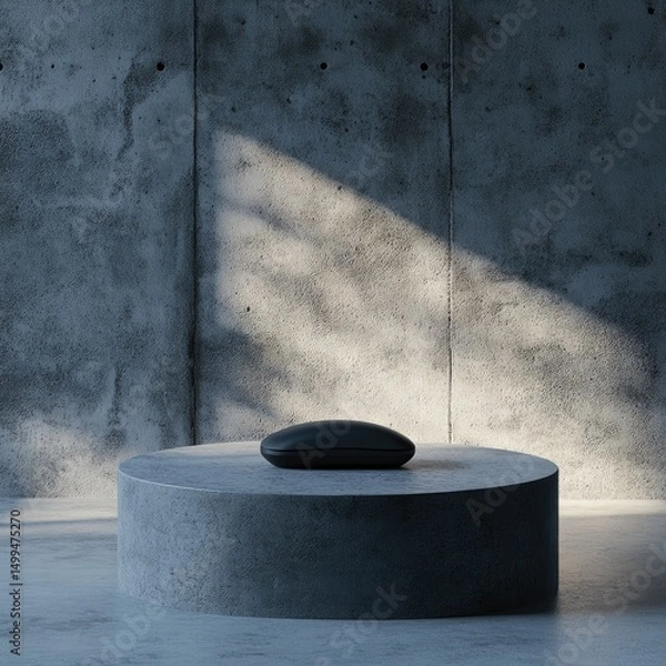 Fototapeta Sleek, dark-grey oblong object rests on a circular concrete pedestal against a textured concrete wall, bathed in sunlight