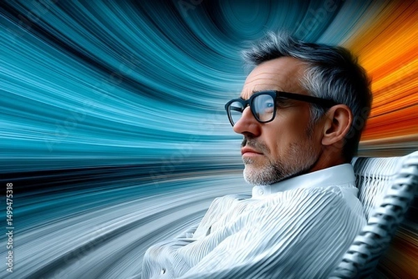 Fototapeta Thoughtful Man Leaning Back in Chair with Abstract Background