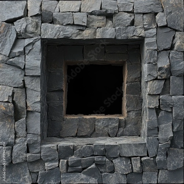 Obraz A dark, square window recessed into a rough, uneven wall of dark gray, irregularly-shaped stones.  The stonework is textured and shows some variation in shade