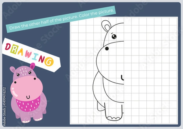 Fototapeta Cute animals activities for kids. Finish the picture – hippo. Logic games for children. Flash card Coloring page. Vector illustration. Game learn the principles of symmetry.