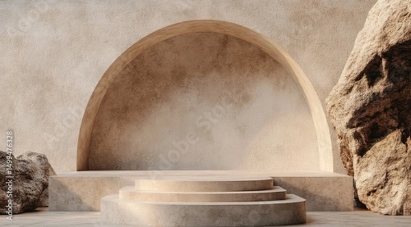 Fototapeta A minimalist beige platform with three circular steps, nestled within a textured archway flanked by rough, earthy rocks, bathed in warm, natural light