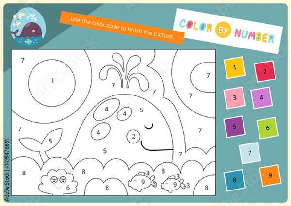 Fototapeta Color by number – cute whale. Animals Activities for kids.  Coloring page for activity book. Vector illustration. Logic Game for boost of fine motor skills, thinking, attention, learning of numbers.