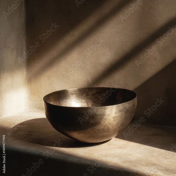 Obraz Bronze Singing Bowl Sits in Corner with Sunlight Streaming In Still Life Meditative Zen Spiritual Practice
