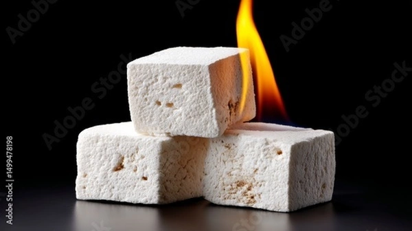 Obraz Three white cubes of something with a yellow flame on top. The cubes are stacked on top of each other