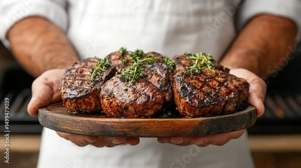 Fototapeta Juicy, perfectly grilled steaks are presented on a rustic wooden plate, garnished with fresh herbs, ideal for a summer barbecue gathering outdoors