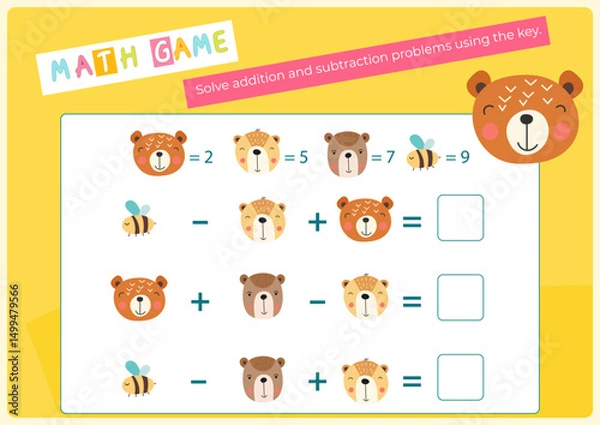 Fototapeta Activities for kids. Solve arithmetic problems using the key. Vector illustration. Flash card. Math game for learning counting. Game for activity book.