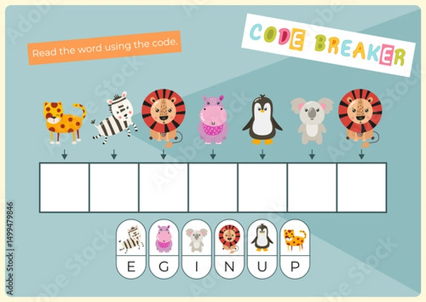 Fototapeta Animals activities for kids. Read the hidden word using the code – penguin. Logic games for children. Vector illustration. Flash card.
