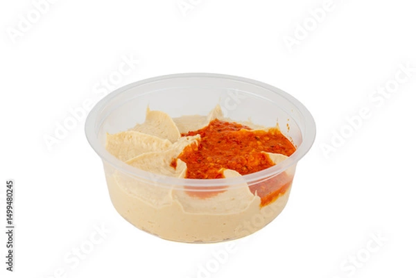 Fototapeta Hummus with a spicy paprika sauce is in a transparent plastic container. The arrangement appears fresh and appetizing.