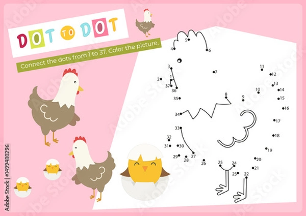 Fototapeta Farm Animals activities for kids. Dot to dot game – chicken. Connect the dots. Numbers games for kids. Coloring page. Vector illustration. Learning numbers. Fine motor skills. Page for activity book.