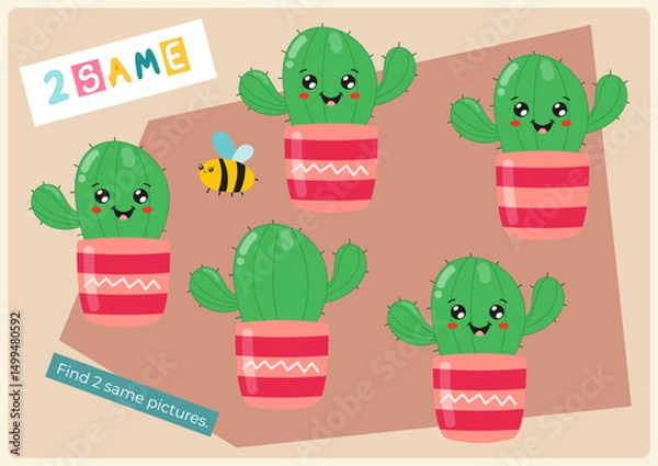 Fototapeta Logic activities for kids. Find two same cactus. Games for kids. Vector illustration. Activity Flash card. Game to boost attention and focus.