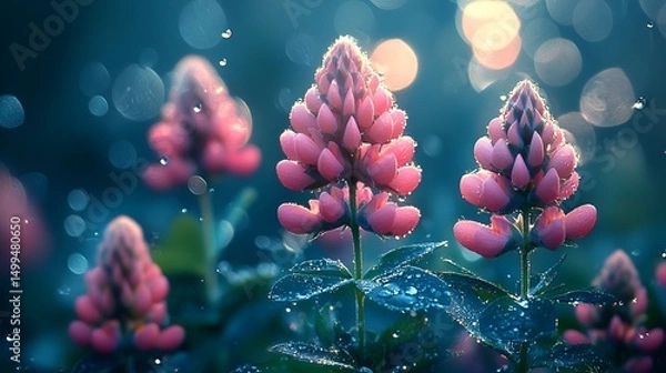 Obraz Pink lupines in rain, sunlit bokeh background.