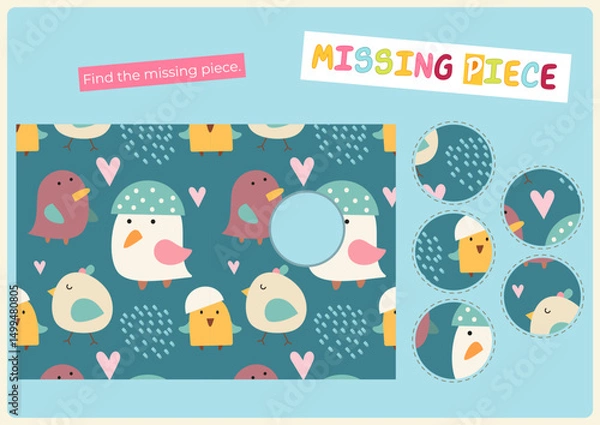 Fototapeta Find the correct  missing piece for picture. Cute birds activities for kids. Vector illustration. Matching game. Flash card for Activity Book.