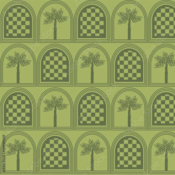 Fototapeta Mobile Summer  seamless pattern tropical  palm tree with in arch modern vector summer  geometric print for wallpaper, textile design , repeat background .