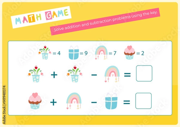 Fototapeta Activities for kids. Solve arithmetic problems using the key. Vector illustration. Flash card. Math game for learning counting. Game for activity book.