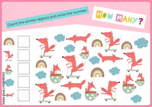Fototapeta Cute  Animals activities for kids. How many fox puzzle. Count the number of objects. Vector illustration. Flash card for activity Book. Math game for learning counting.
