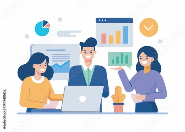 Fototapeta Professional business team presenting data on whiteboard, illustration Concept for presentation, vector on white background
