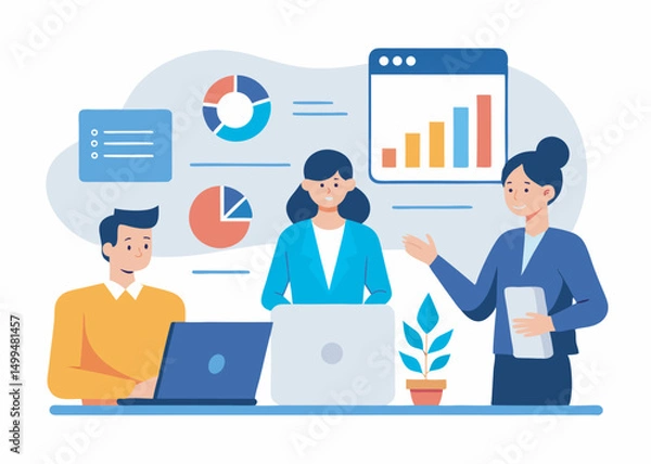 Fototapeta Professional business team presenting data on whiteboard, illustration Concept for presentation, vector on white background