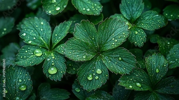 Obraz Close-up of lush green leaves with water droplets.