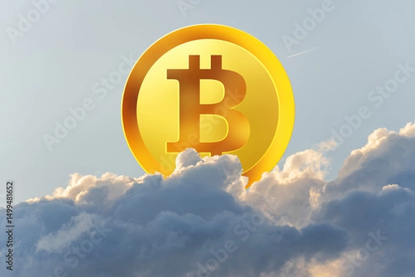 Obraz The bitcoin gold coin rises from the clouds in the sky, a beautiful concept for the growth of the bitcoin exchange rate