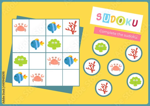 Fototapeta Animals Puzzle game for children. Underwater creatures in Sudoku game. Vector illustration. Learning Page for kids activity book. Worksheet flash card format.