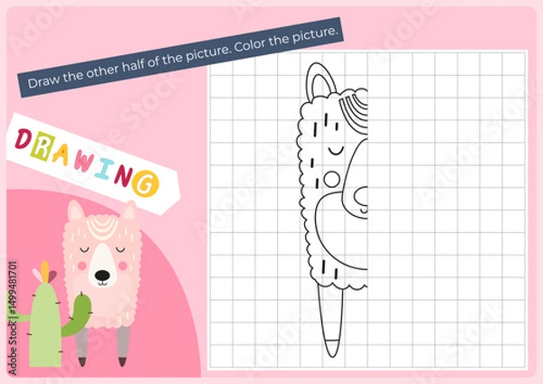 Fototapeta Cute animals activities for kids. Finish the picture – llama. Logic games for children. Flash card Coloring page. Vector illustration. Game learn the principles of symmetry.