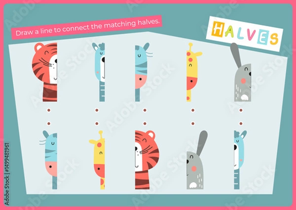 Fototapeta Animals activities for kids. Find the correct halves for animals. Vector illustration. Matching game. Flash card for Activity Book.