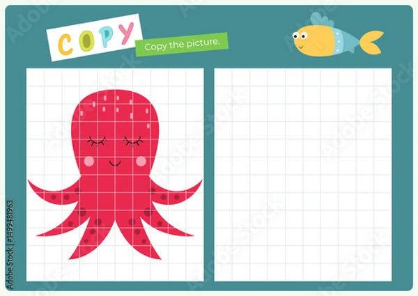Fototapeta Cute Animals activities for kids. Copy the picture in grid – Octopus. Logic games for children. Coloring page for activity book. Vector illustration. Flash card.