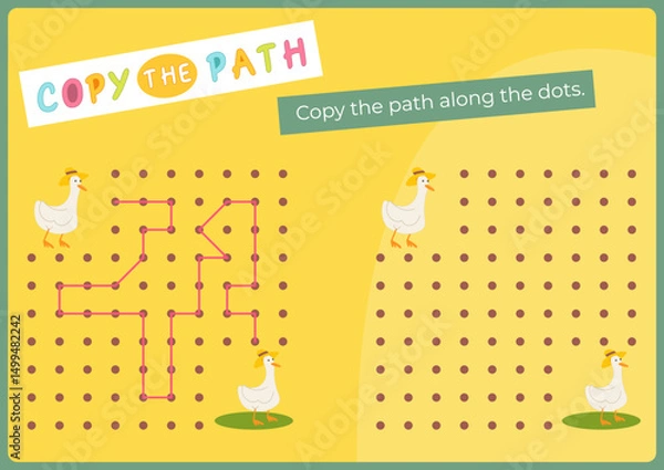 Fototapeta Animals activities for kids. Copy the path for Goose. Logic games for children. Vector illustration. Flash card for activity book.
