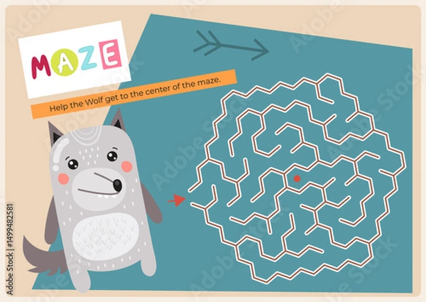 Fototapeta Animals Maze game for children. Help Wolf find correct path in maze. Vector illustration. Labyrinth quest for kids. Flash cards format. Page for activity book.