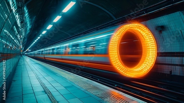 Obraz Futuristic subway train speeding through a vibrant tunnel.