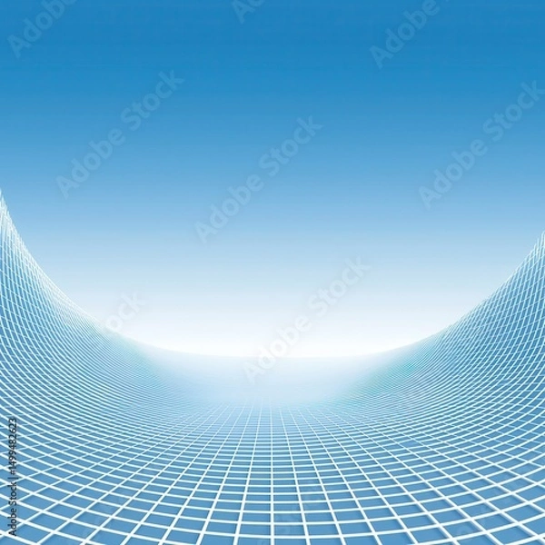 Fototapeta A blue digital grid curves into a valley against a gradient sky, creating a modern, futuristic abstract background.