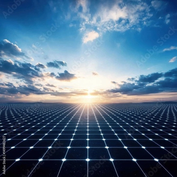 Obraz Vast solar panel field under a dramatic sunrise sky, symbolizing renewable energy and sustainable technology.
