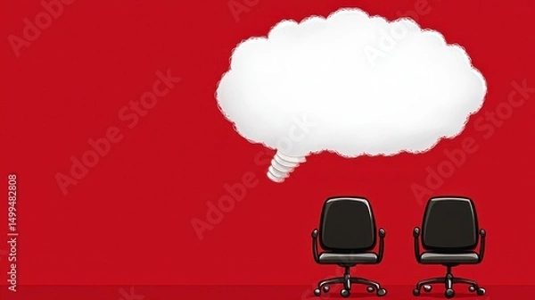 Obraz Two office chairs face a red wall with a large white thought bubble above them, symbolizing brainstorming or creative discussion.