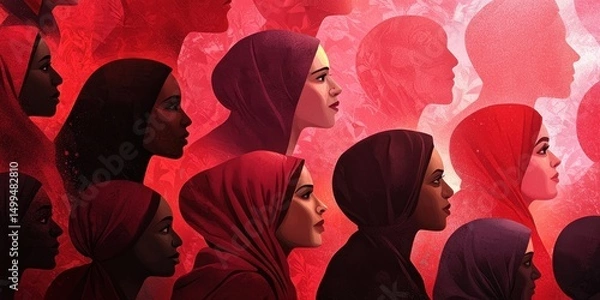 Obraz A group of women in red and dark hijabs are shown in profile against a vibrant red background, symbolizing unity, strength, and diversity.
