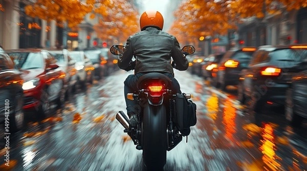 Obraz Motorcyclist riding through autumn city traffic in the rain.