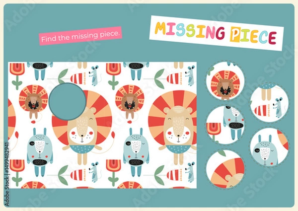 Fototapeta Find the correct  missing piece for picture. Cute animals activities for kids. Vector illustration. Matching game. Flash card for Activity Book.