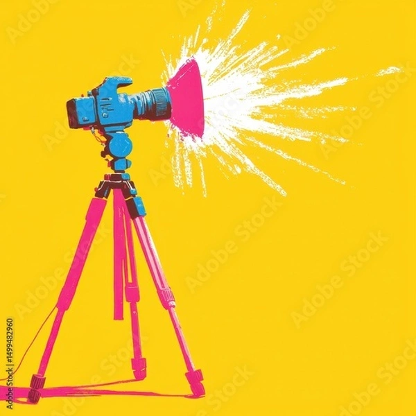Obraz A colorful pop art image of a camera on a tripod with a bright flash against a yellow background.