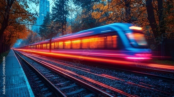 Obraz High-speed train speeding through autumnal landscape at dusk.