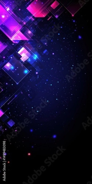Fototapeta Vibrant geometric shapes and glowing particles on a dark, starry background create a futuristic digital abstract design.