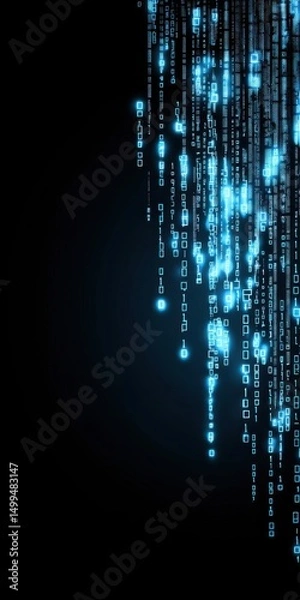 Fototapeta Blue digital code streams vertically on a black background, resembling a futuristic data flow or matrix effect.
