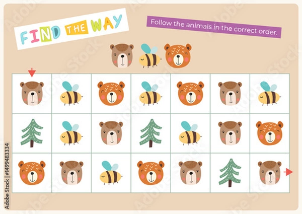 Fototapeta Animals activities for kids. Find the way – follow the animals in the correct order. Maze games for kids. Vector illustration. Flash card format. Page for activity book.