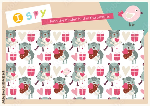 Fototapeta Cute Animals activities for kids. I spy game. Find the hidden bird. Logic games for children. Vector illustration. Game to boost attention and focus. Flash card.
