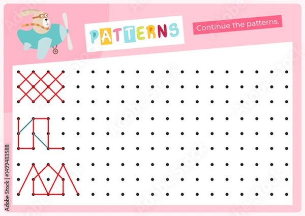 Fototapeta Activity page for kids – continue pattern. Preschool printable game for Activity book Animals. Vector illustration. Flash card. Game to boost handwriting skill.